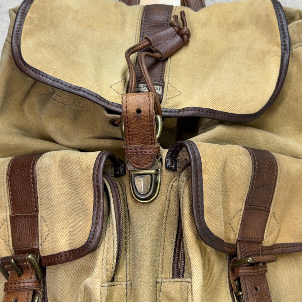 Vintage LL Bean Continental Rucksack Waxed Canvas Leather Backpack Tan Brown 90s - Picture 3 of 16